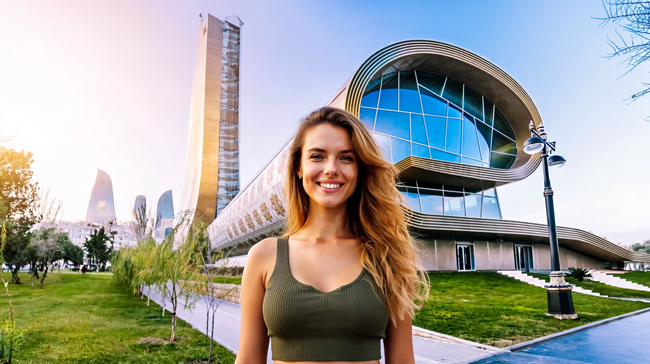 Beautiful woman standing in front of building in Baku Azerbaijan