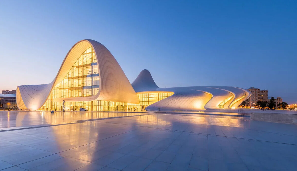 Heydar Aliyev Center Baku Azerbaijan in the evening