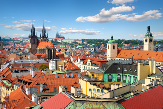 View on Prague cathedrals and res roofs from above