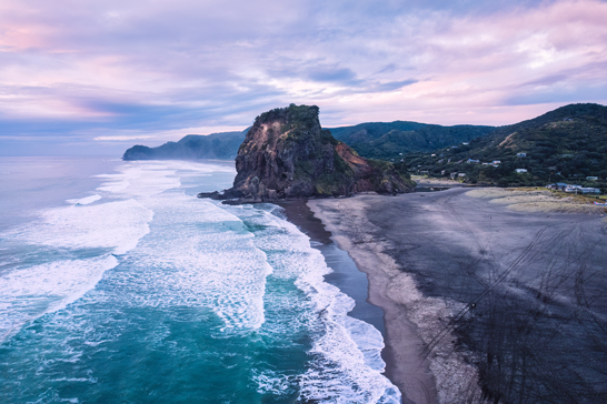 Aerial view of beautiful iconic Lion Rock and breaking wave on Piha beach in the evening at West coast of Auckland, New Zealand