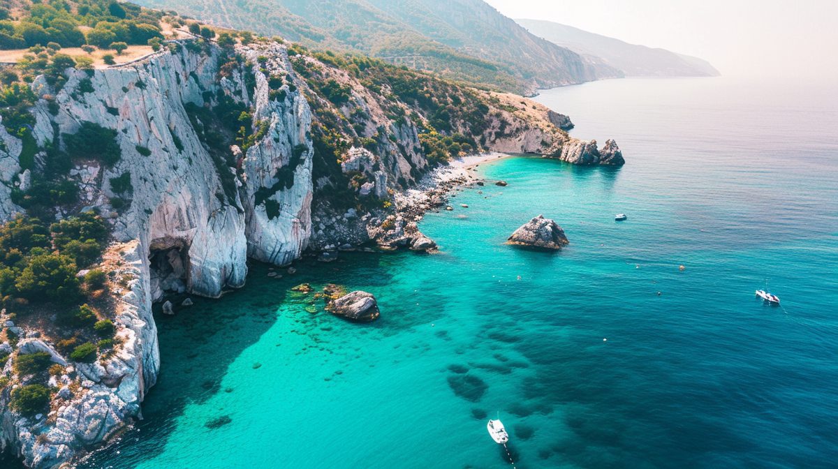 Aerial view of Albanian Riviera coastline with crystal clear turquoise water and dramatic cliffs - the most budget-friendly destination in Europe