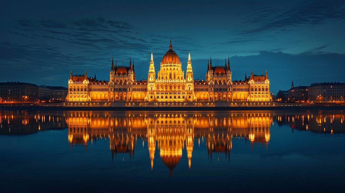 Hungarian Parliament building in Budapest illuminated at night reflected in the Danube River - affordable European destination for budget travelers