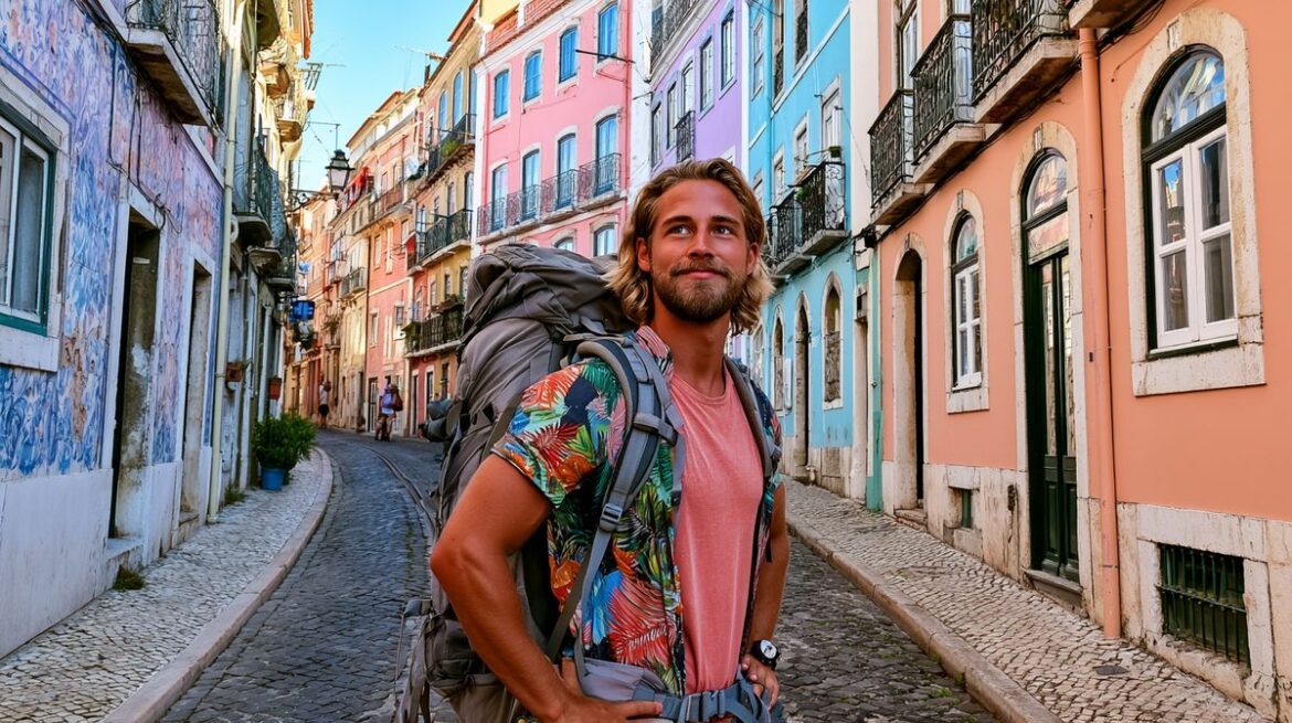 Solo backpacker with large travel pack standing on historic cobblestone streets in Europe ? best budget countries to visit