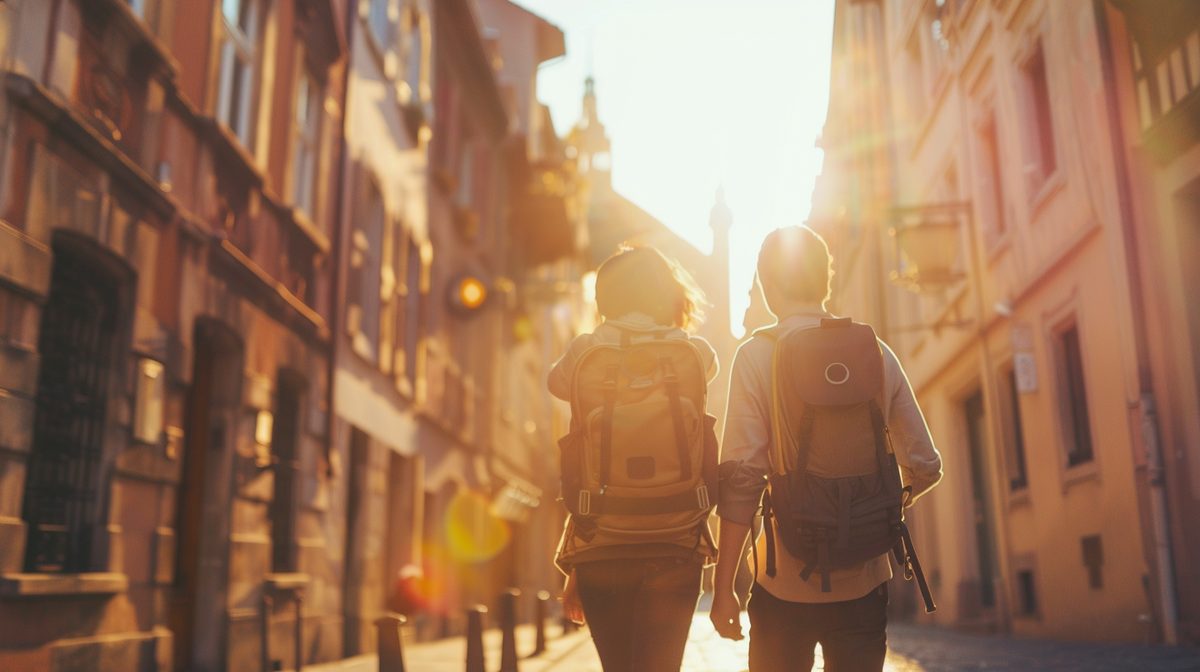 Wide angle view of charming historic European old town with colorful buildings and cobblestone streets for budget travelers