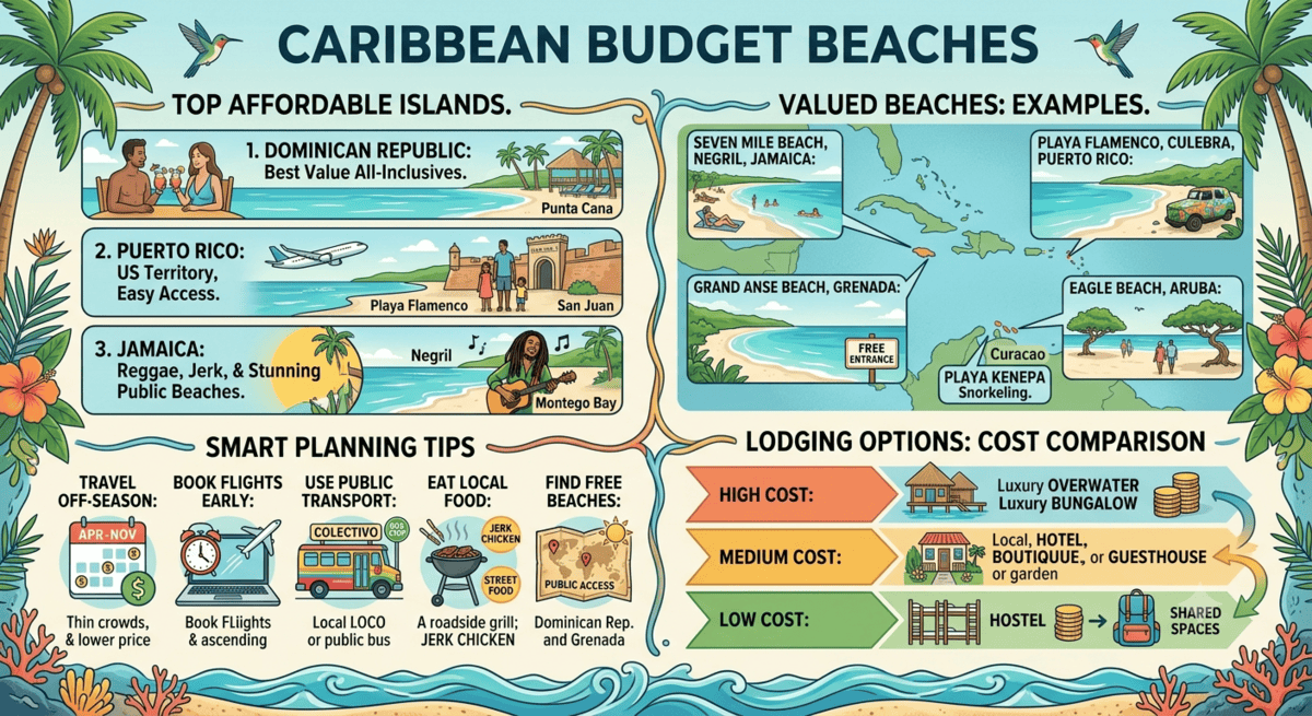 Comparison collage of budget beach destinations in the Caribbean