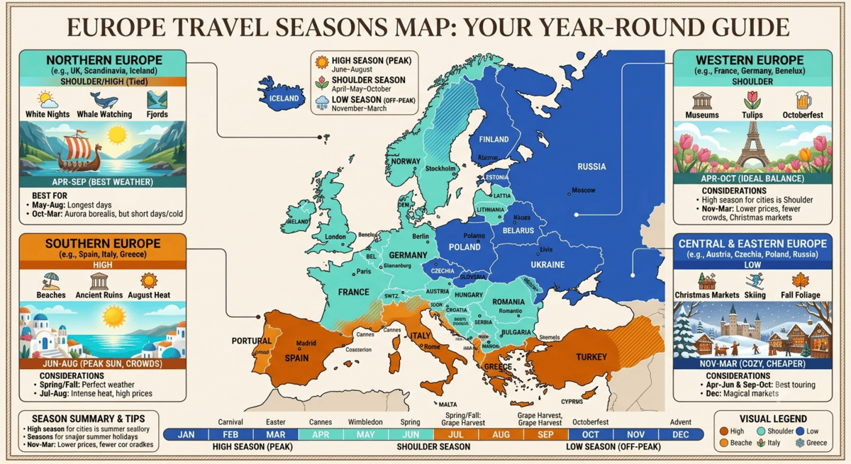 Color-coded map of Europe showing the best travel seasons by region